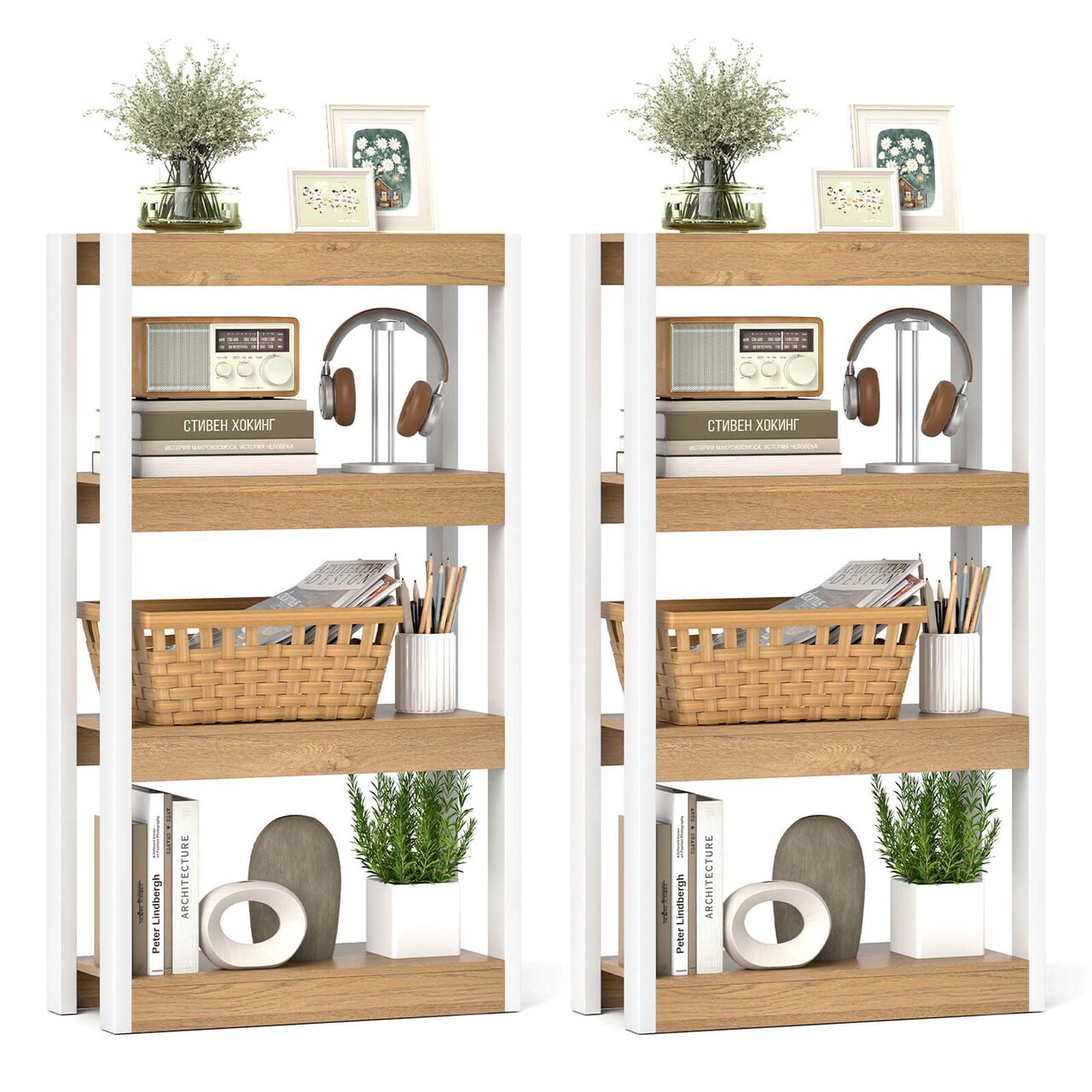 Costway 1/2 PCS 4 Tier Bookshelf Wooden Bookcase with Dual Anti-Tipping Kits Open Shelving Unit Natural/Brown